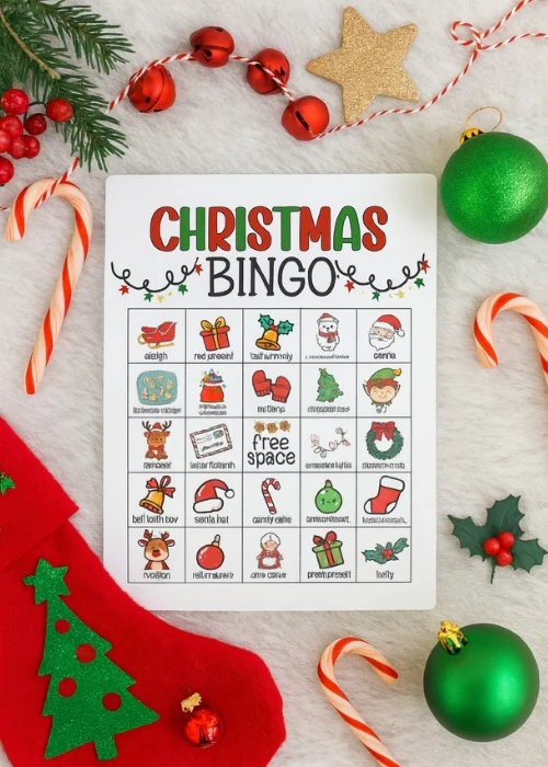 flat lay of Christmas Bingo game printable