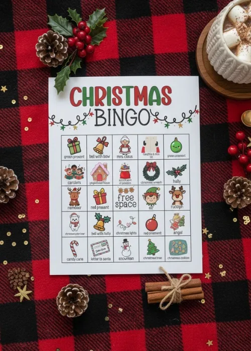 flat lay of christmas bingo game on buffalo plaid background