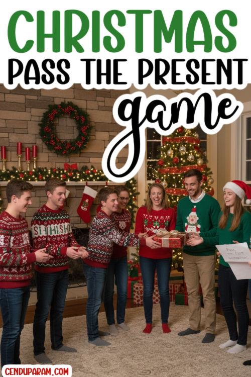 a group of party guests are passing a present and playing a fun christmas party game