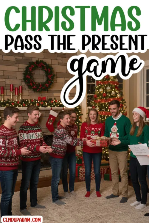 a group of party guests are passing a present and playing a fun christmas party game