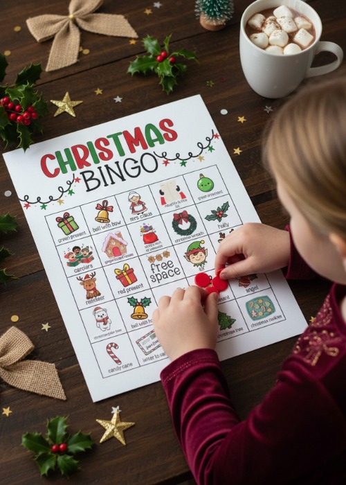 a little girl is playing Christmas Bingo