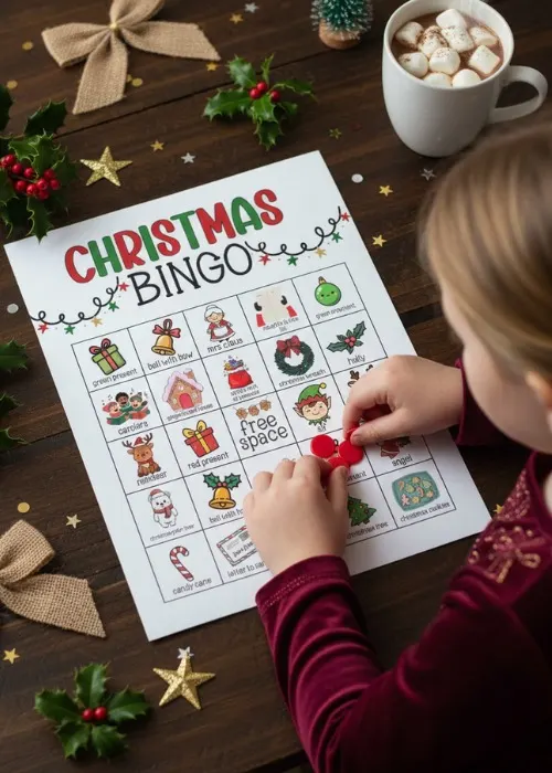 a little girl is playing Christmas Bingo