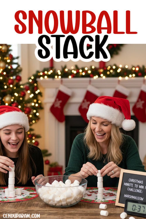 a mom and daughter are playing a fun Christmas minute to win it game, they are stacking marshmallows into a tower