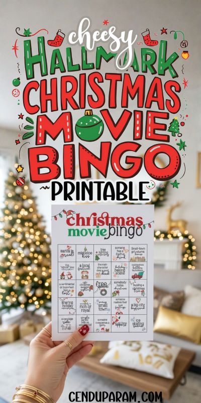 a woman's hand is holding up the fun Christmas movie bingo game