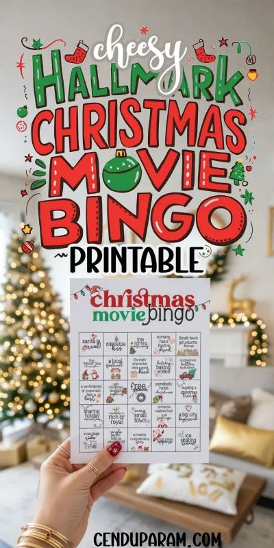 a woman's hand is holding up the fun Christmas movie bingo game
