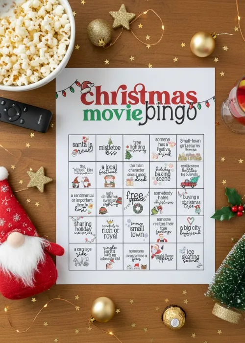 flat lay of Christmas movie bingo game printable 