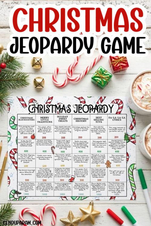a flat lay of a fun Christmas Jeopardy game