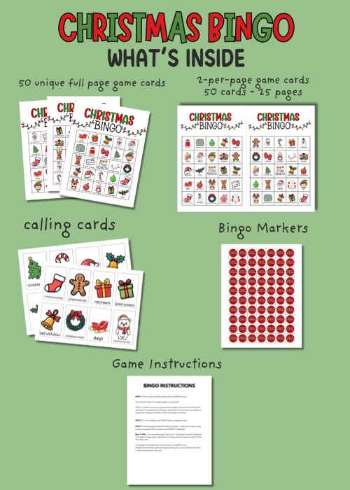 mock up of what is included in Christmas bingo game bundle