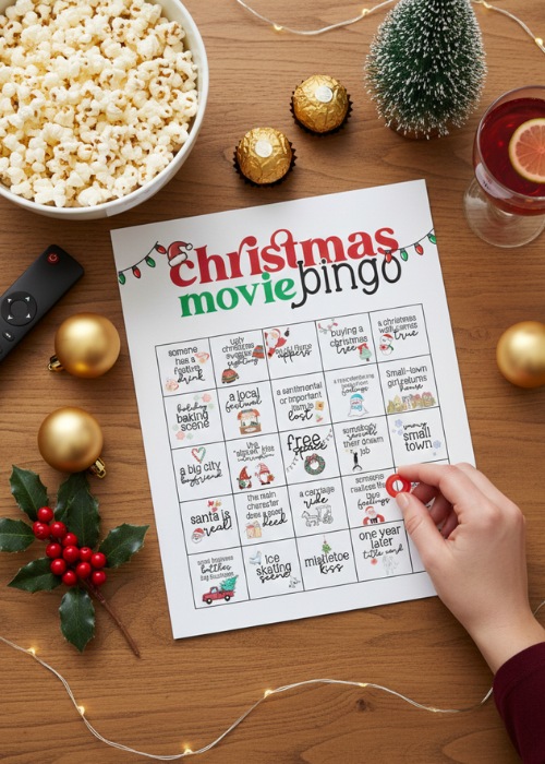 a hand is putting a chip on the christmas movie bingo card