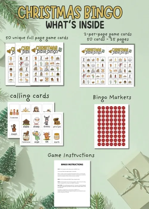 shows what's included in Christian christmas bingo game bundle
