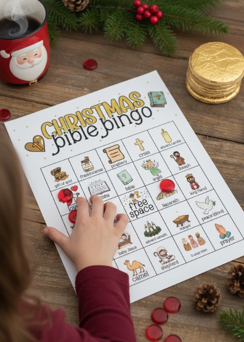 a little girl is playing Christmas Nativity Bingo game