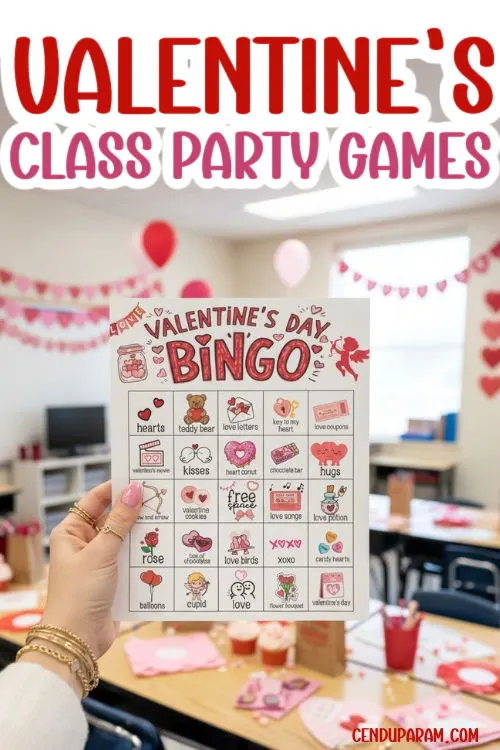 a hand is holding up a fun valentine's day game in a classroom