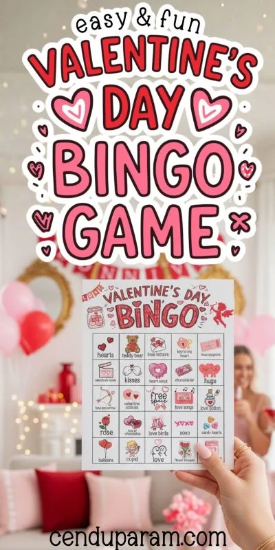 a hand is holding up a cute valentine's day bingo game card and title reads fun valentine's bingo game