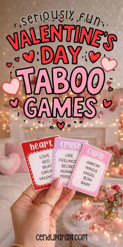 a hand is holding valentine's day taboo cards and title reads valentine's taboo game