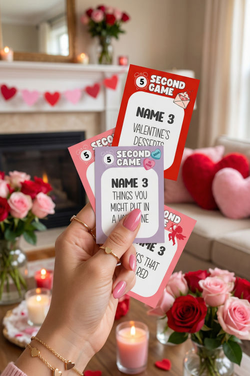 a woman's hand is holding up valentines 5 second rule game cards
