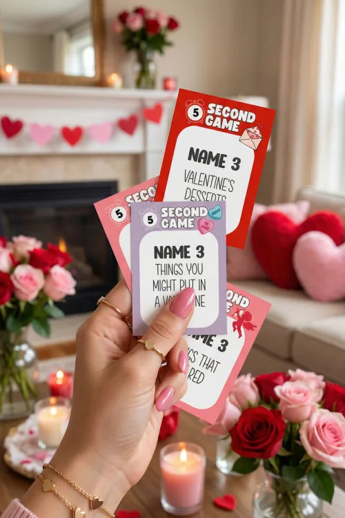 a woman's hand is holding up valentines 5 second rule game cards
