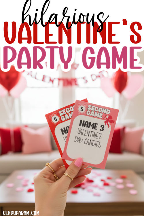 a hand is holding up valentine's day game cards in a decorated room for a party