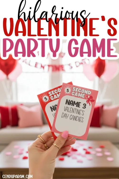 a hand is holding up valentine's day game cards in a decorated room for a party