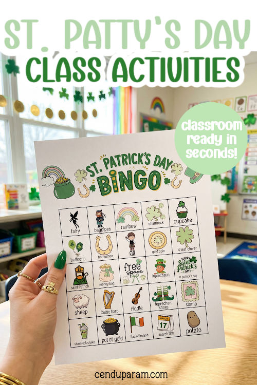 A teacher is holding up a st. patrick's day activity in the classroom 