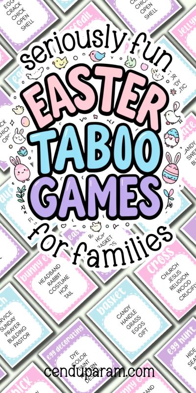 collage of funny Easter taboo cards to play fun Easter game