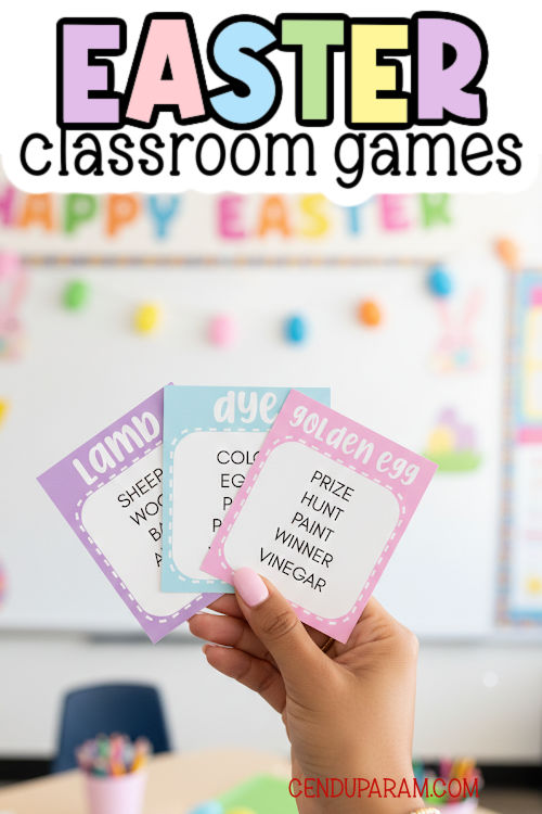 a teacher is holding the EAster taboo game cards in the classroom