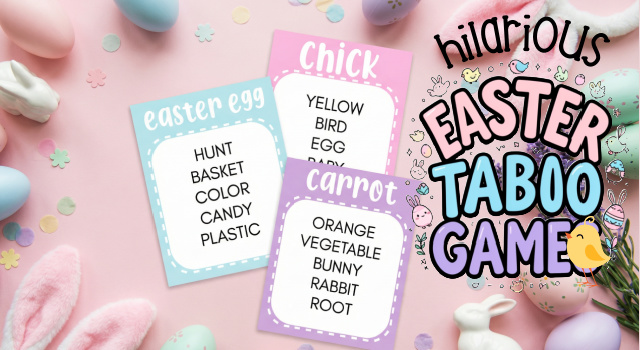 cute easter party game flat lay of easter taboo game cards