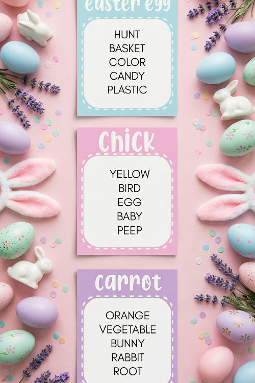 aesthetic flat lay of easter game cards on pink background with easter decor