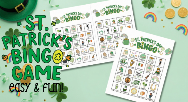 st. patrick's day bingo game cards on green background