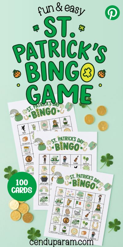 flat lay of fun St. Patrick's day bingo cards on green background