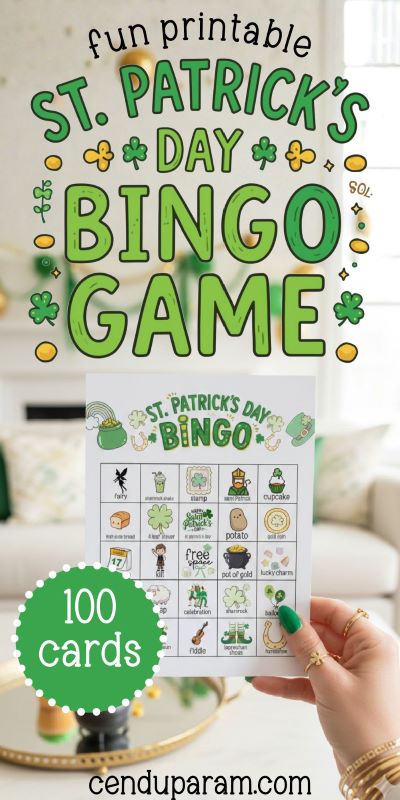 a hand holds up the St. Patrick's Day Bingo game