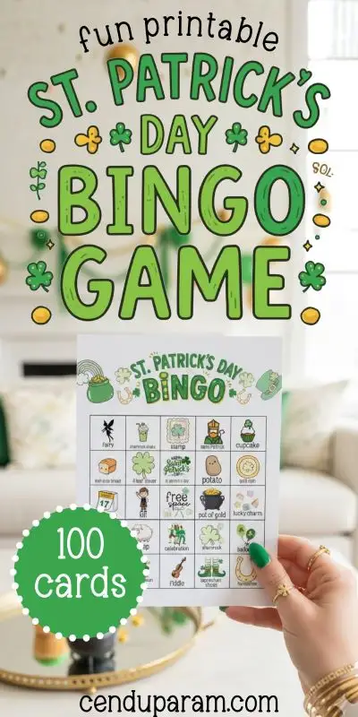 a hand holds up the St. Patrick's Day Bingo game