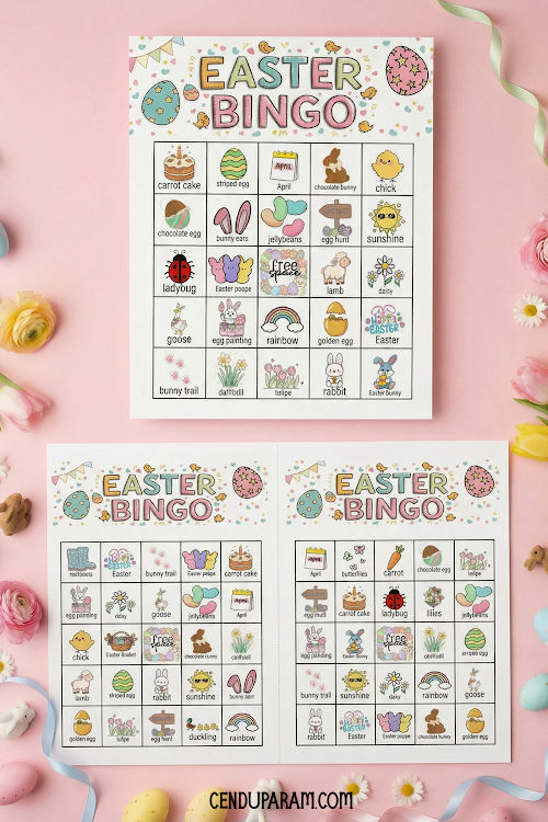 a pink flat lay of Easter game cards. full page and 2 per page