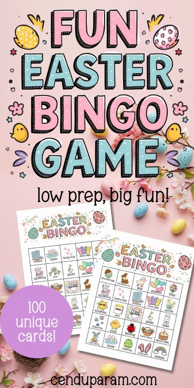 cute pink background flat lay of Easter bingo cards and mini eggs