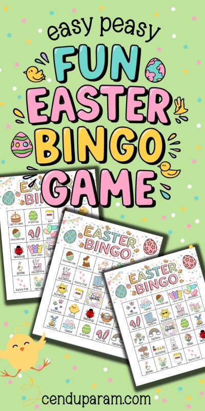 title reads fun easter bingo game and shows 3 easter bingo cards