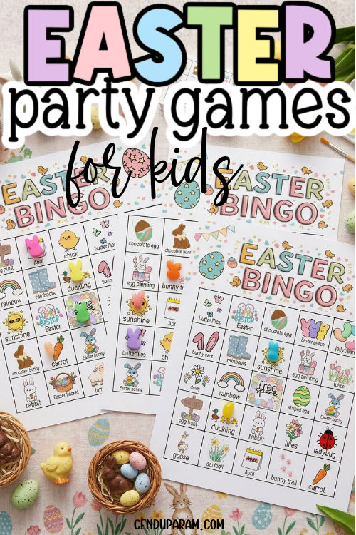 easter party games for kids and flat lay of easter bingo cards with little bunny bingo chips