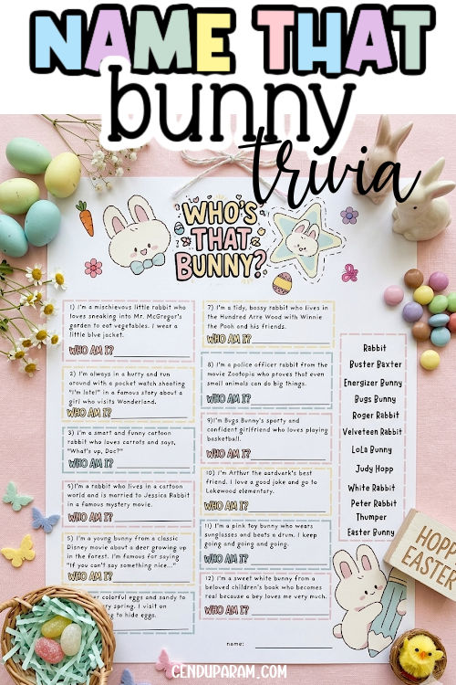 flat lay of name that bunny Easter trivia game