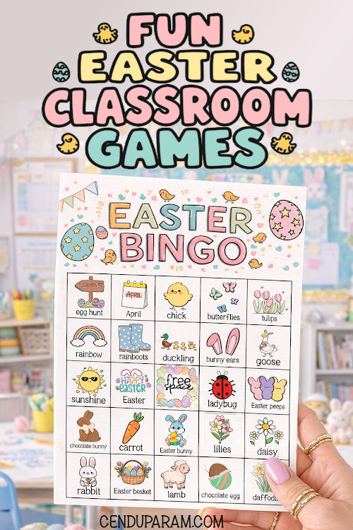 a teacher is holding up an easter game in the classroom