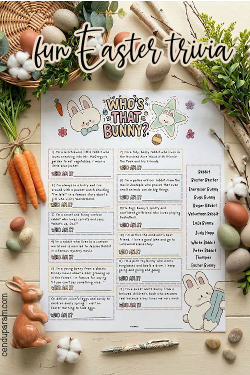 cute flat lay of Easter trivia game along with eggs and carrots