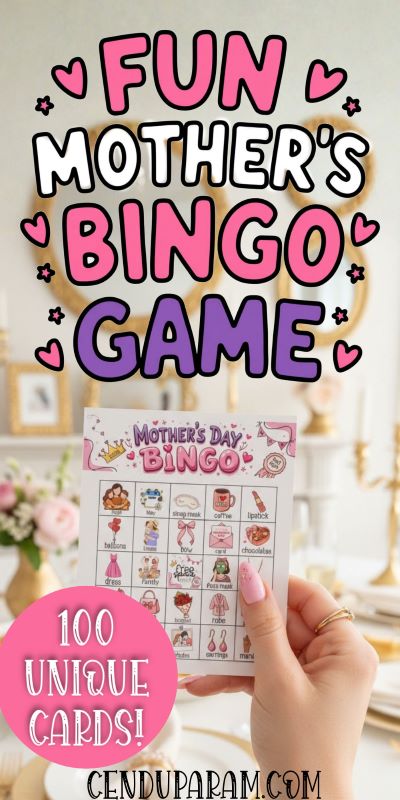 a woman's hand holds up a Mother's day bingo card and title reads fun mother's day bingo game
