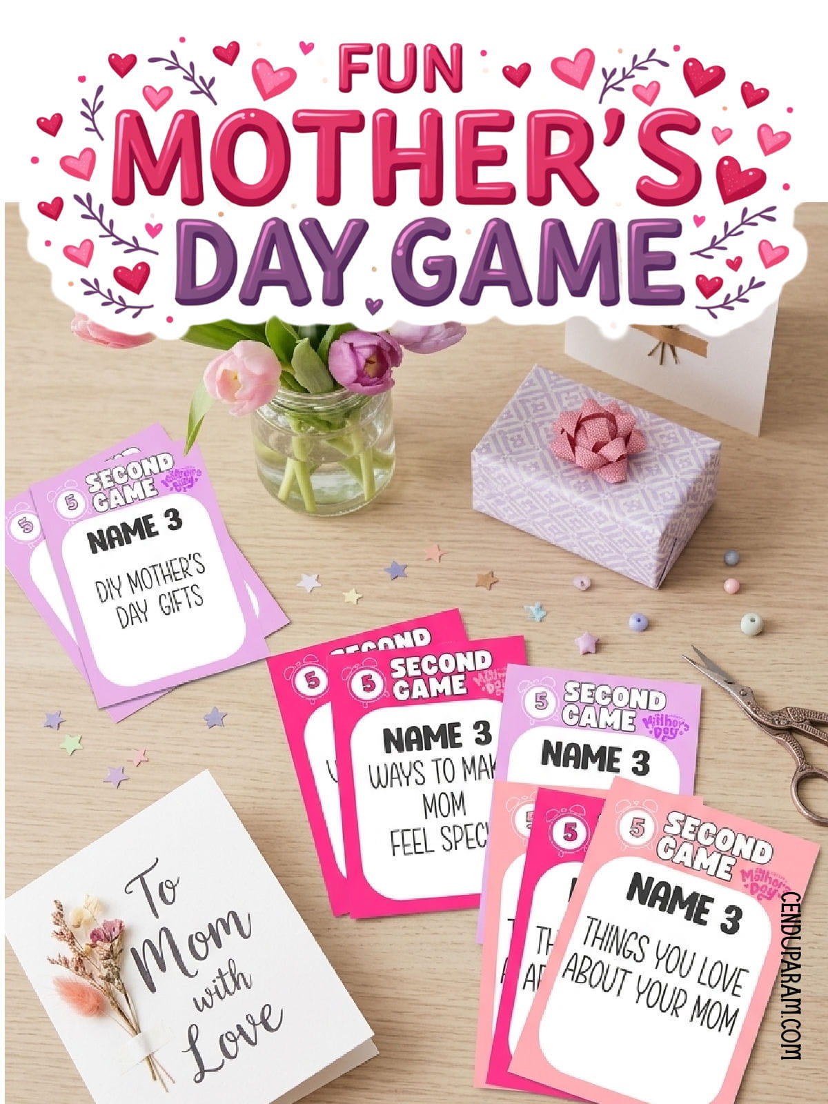 flat lay of Mother's day game cards