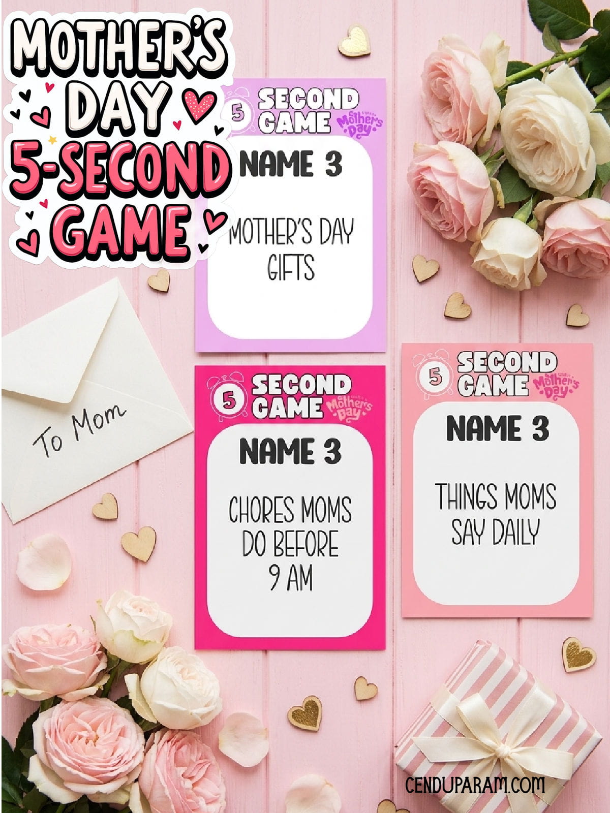pink bacground flat lay of Mother's day 5 second game