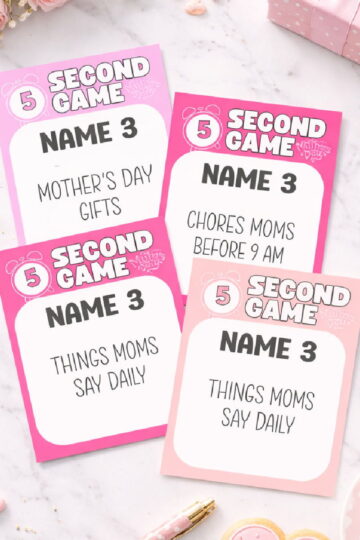 cute flat lay of Mother's day game cards