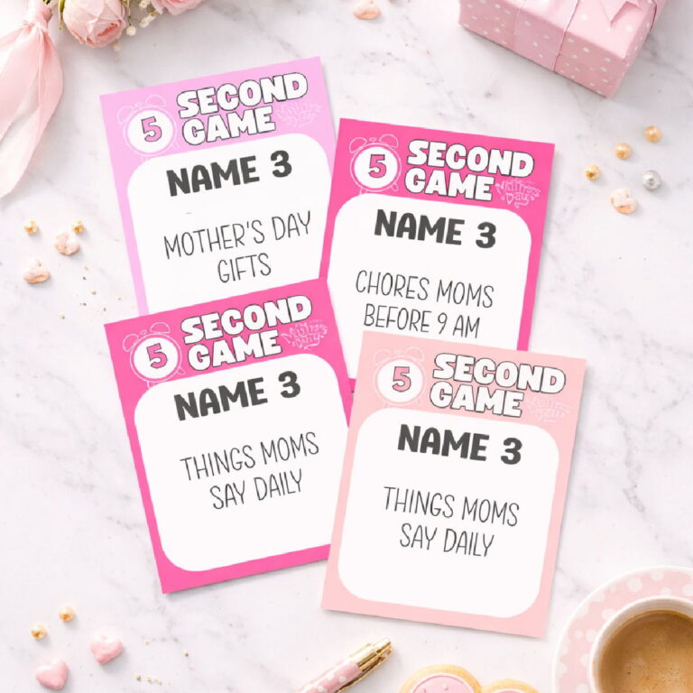 cute flat lay of Mother's day game cards