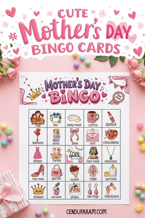flat lay of mother's day bingo card template