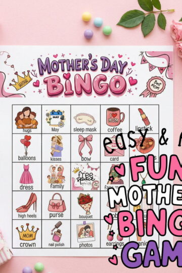 a flat of a Mother's day Bingo game card on pink background with roses and a wrapped gift
