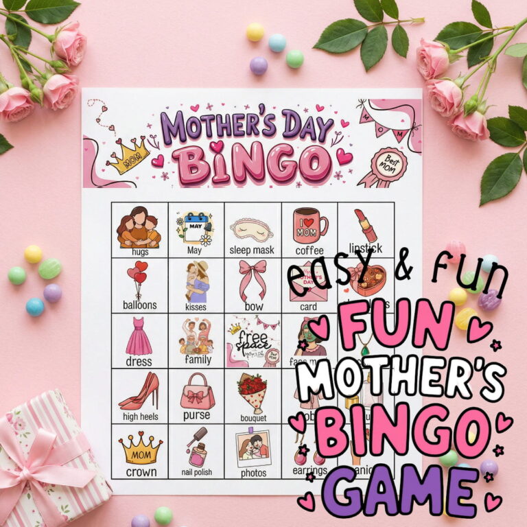 a flat of a Mother's day Bingo game card on pink background with roses and a wrapped gift