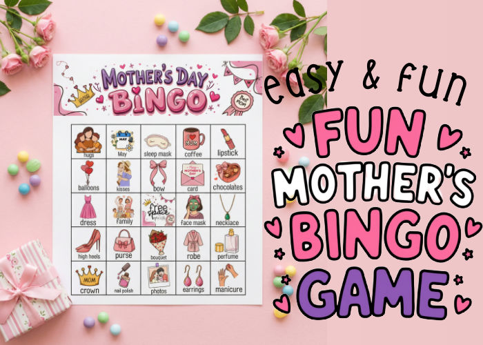 pink background with roses and flay lay of mother's day bingo game cared