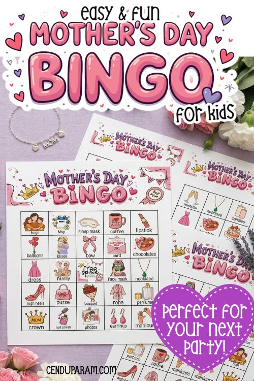 fun mother's day brunch game to play, flat lay of mother's day bingo cards on purple background