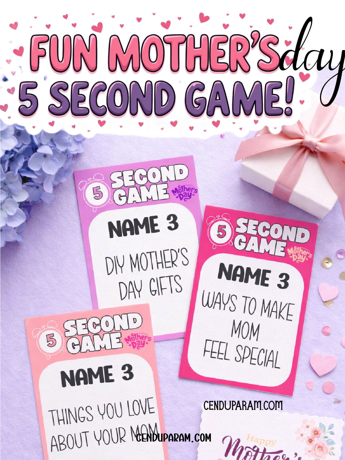 mother's day party game flat lay with presents and flowers