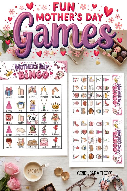 flat lay of mother's day bingo game cards, full page and 2 per page options